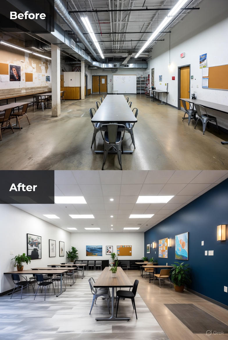 Before and after of a warehouse breakroom remodel