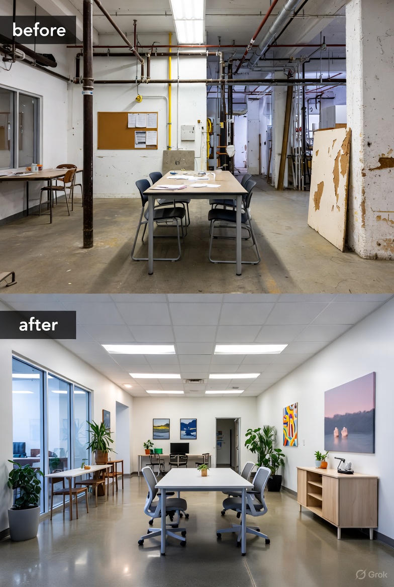 Before and after of an industrial office and meeting room remodel